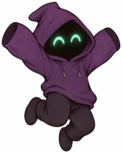 Hex, a small figure in a purple hood with glowing mint eyes