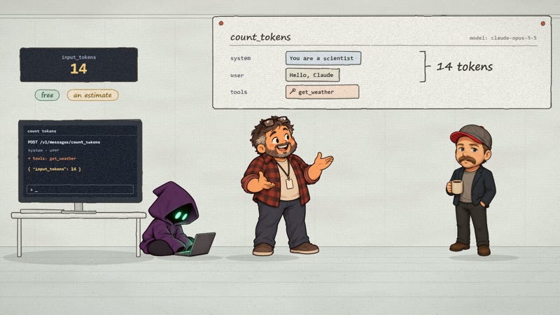 Dex and DataSherpa next to a count_tokens board showing 14 tokens, Hex at the terminal
